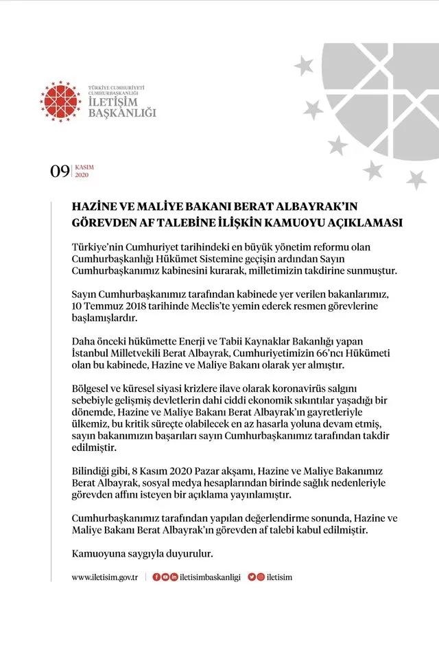 Berat Albayrak’ın İstifa Paylaşımının Ardından İletişim Başkanlığı Duyurdu: Berat Albayrak'ın Görevden Af Talebi Kabul Edilmiştir.