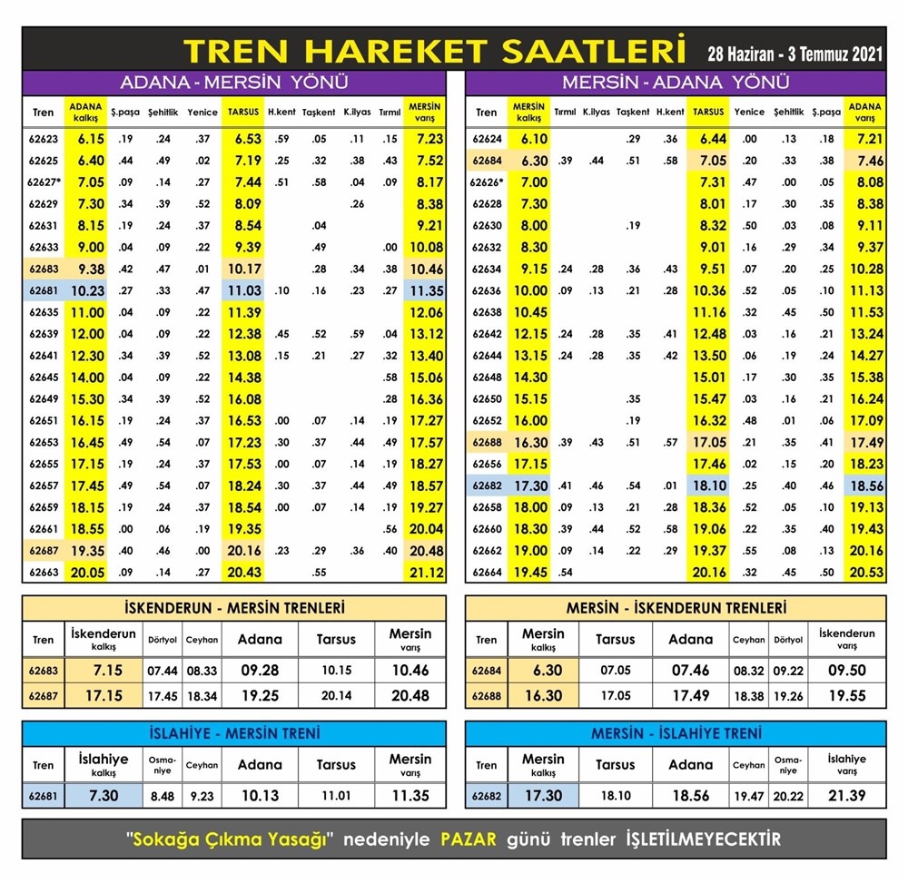 Adana - Mersin Tren Saatleri! 20 Mart 2021 Tarihi İtibari İle Mersin - Tarsus - Adana Seferleri Güncel Tren Saatleri!
