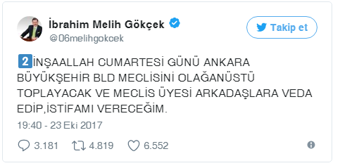 Melih Gökçek İstifa