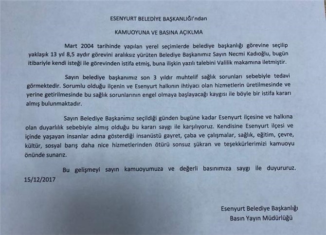 Esenyurt Belediye Başkanı İstifa