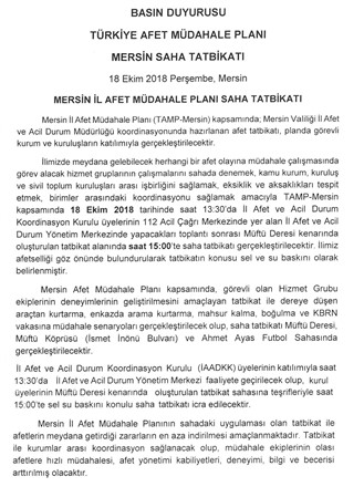 Mersin İl Afet Müdahale Planı Saha Tatbikatı 18 Ekim Günü Müftü Deresinde Yapılacak