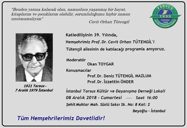Tarsuslu Prof. Dr. Cavit Orhan Tütengil, katledilişinin 39. yıl dönümünde anılacak