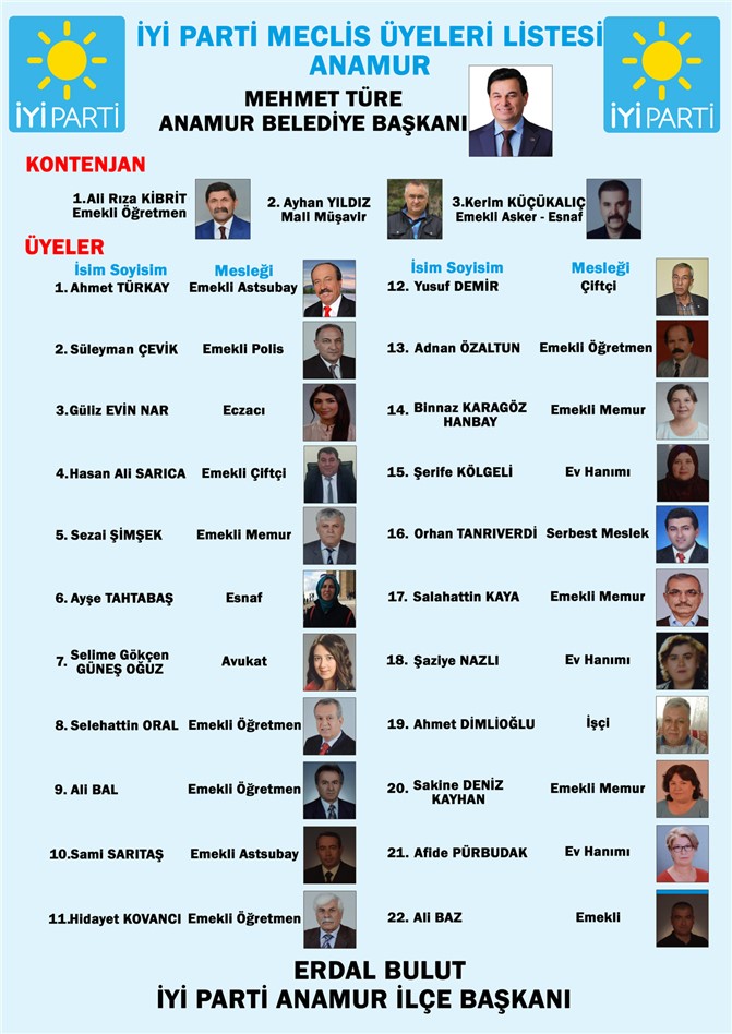 İYİ Parti Anamur Belediye Meclisi Aday Listesi