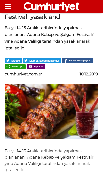 Adana ‘’Kebap ve Şalgam Festivali’’ Kamu Düzeni Ve Güvenliği İle Kişilerin Can Ve Mal Güvenliği Nedeniyle İptal Edildi