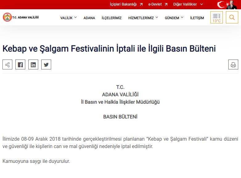 Adana ‘’Kebap ve Şalgam Festivali’’ Kamu Düzeni Ve Güvenliği İle Kişilerin Can Ve Mal Güvenliği Nedeniyle İptal Edildi