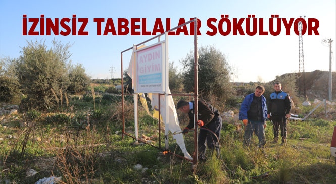 Erdemli'de İzinsiz Tabelalar Sökülüyor