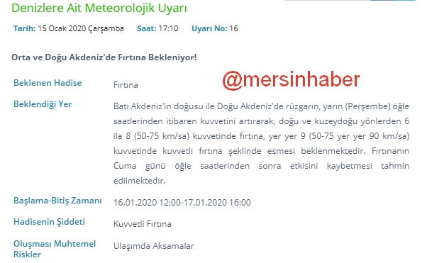 Mersin'e Fırtına Uyarısı! Genel Müdürlük Tarafından Denizlere Ait Meteorolojik Uyarı Yayınlandı