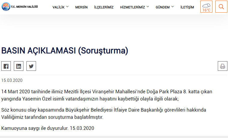 Mersin Valiliği Viranşehir'deki Yangında Hayatını Kaybeden Yasemin Özel'in Ölümüne İlişkin İtfaiye Daire Başkanlığı Görevlileri Hakkında Soruşturma Başlattı