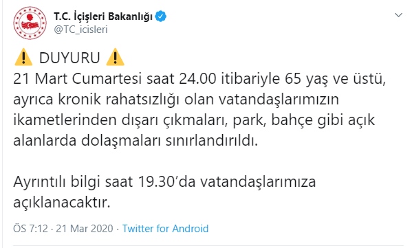 İçişleri Bakanlığından 65 Yaş 