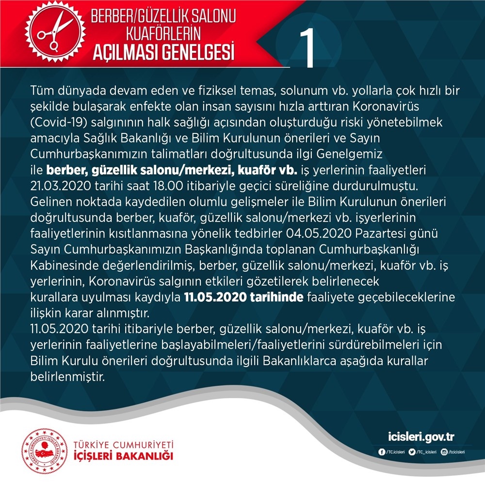 11 Mayıs’ta Açılacak Olan Berber, Güzellik Salonu, Kuaförler İle İlgili Yeni Genelge