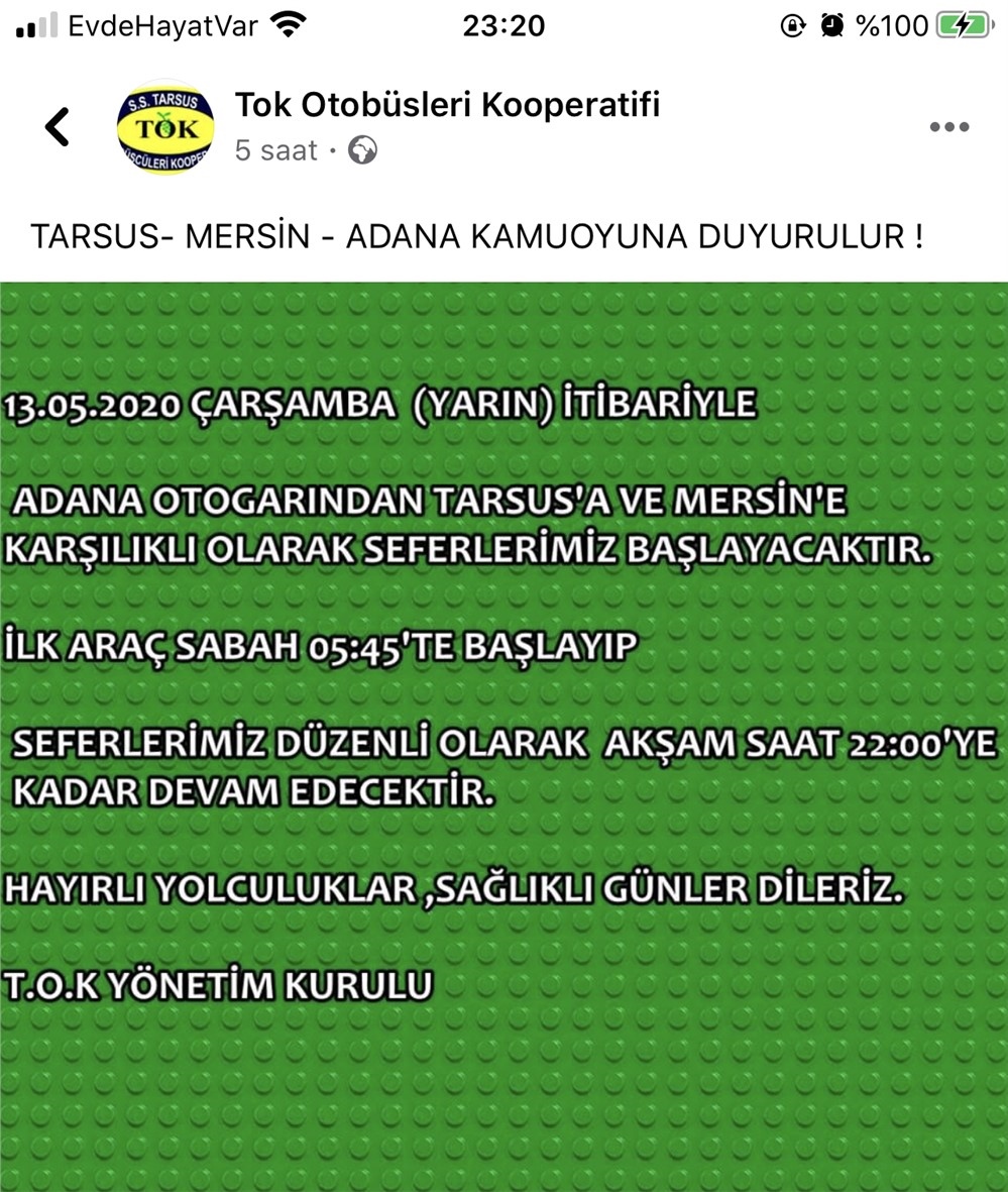 Mersin - Adana Arası Seyahat Yapacak Olanlar! TOK Otobüsleri Mersin Tarsus Adana Seferlerine Başlıyor