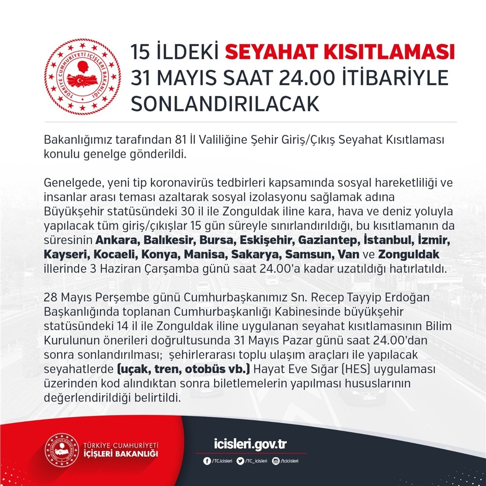 15 İldeki Seyahat Kısıtlaması 31 Mayıs Saat 24.00 İtibariyle Sonlandırılacak