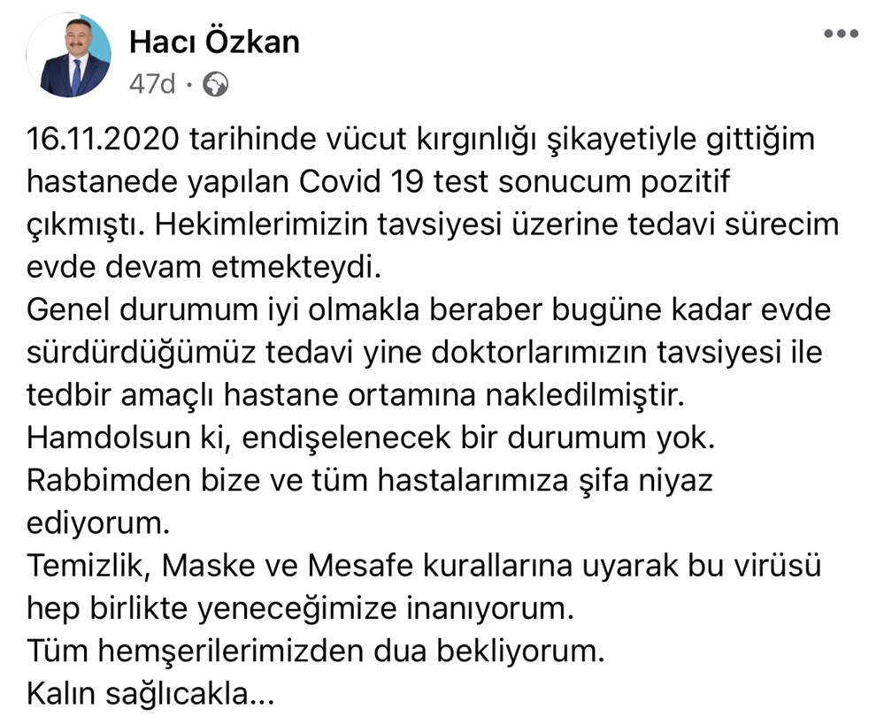 AK Parti Mersin Milletvekili Hacı Özkan’ın Koronavirüs Testi Pozitif Çıktı
