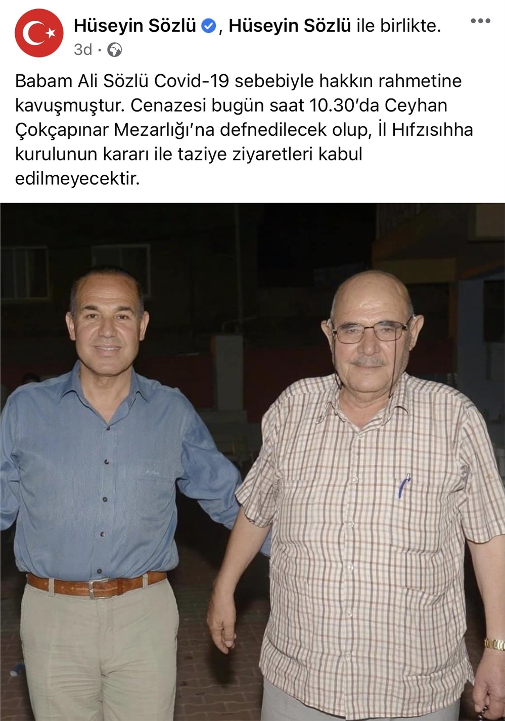 Adana Büyükşehir Belediyesi Eski Başkanı Hüseyin Sözlü’nün Babası Covid-19 Nedeniyle Vefat Etti