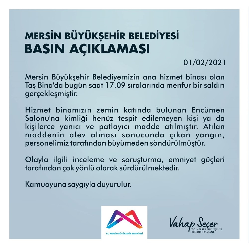 Molotof Atılması Olayına İlişkin Mersin Büyükşehir Belediyesinden İlk Açıklama