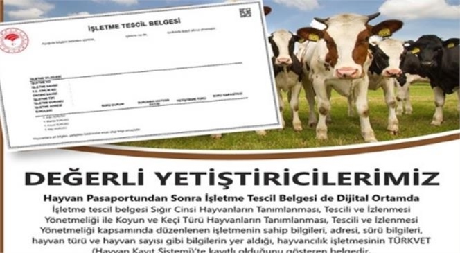 Hayvan Pasaportundan Sonra İşletme Tescil Belgesi de Dijital Ortamda