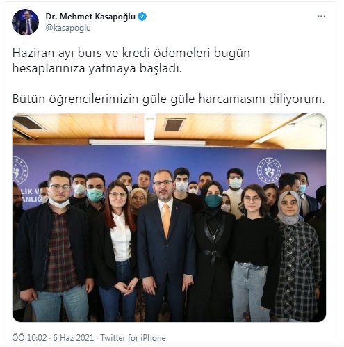 Gençlik ve Spor Bakanı Dr. Mehmet Muharrem Kasapoğlu, Haziran Ayı Burs ve Kredi Ödemelerinin 6 Haziran İtibarıyla Başladığını Duyurdu