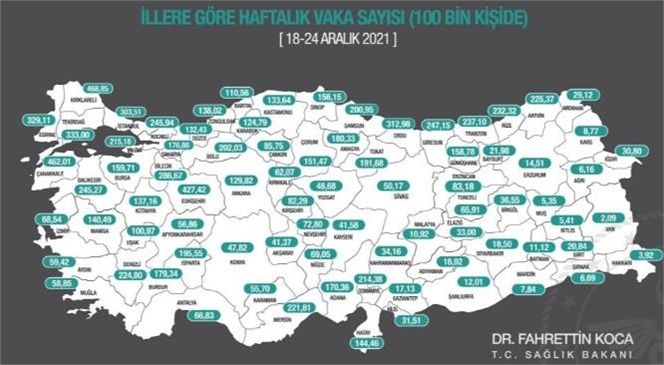 Bakan Koca 100 Bin Kişide Görülen Haftalık Vaka Yoğunluğu Haritasını Paylaştı