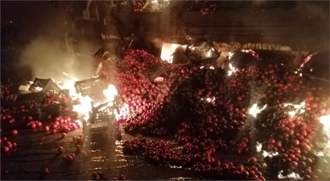 Mersin'in Tarsus İlçesinde Domates Yüklü Kamyonda Yangın Çıktı