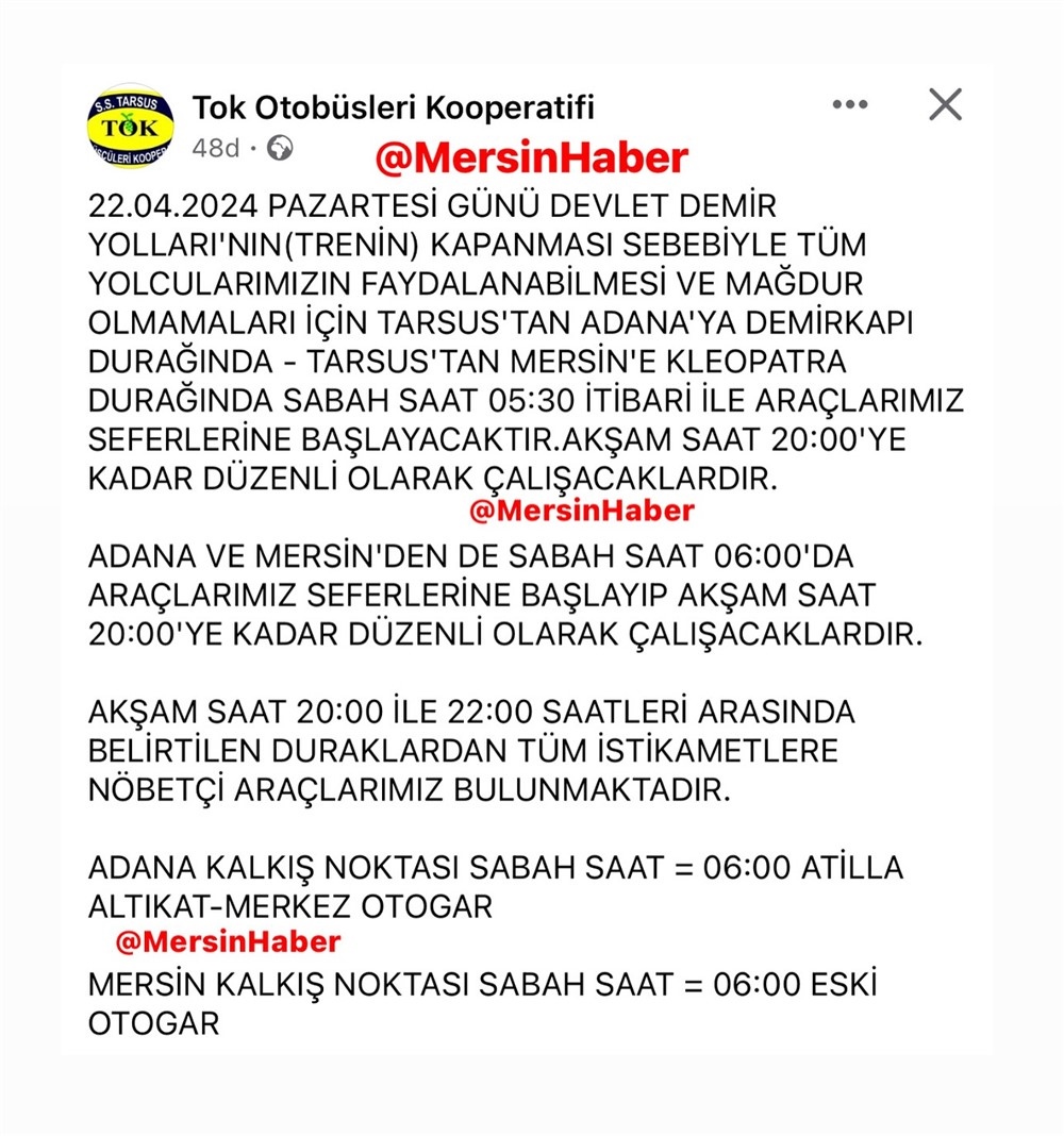 Mersin-Tarsus-Yenice Tren Seferleri 22 Nisan Günü Kapanıyor, TOK Otobüsleri Kooperatifi’nden Ek Sefer Açıklaması