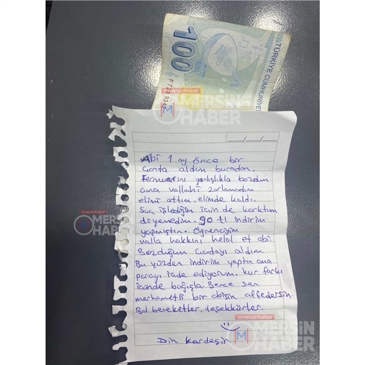 Mersin'de Vicdanlı Öğrenci: Bozulan Çantanın İndirim Tutarını Notla Birlikte İade Etti