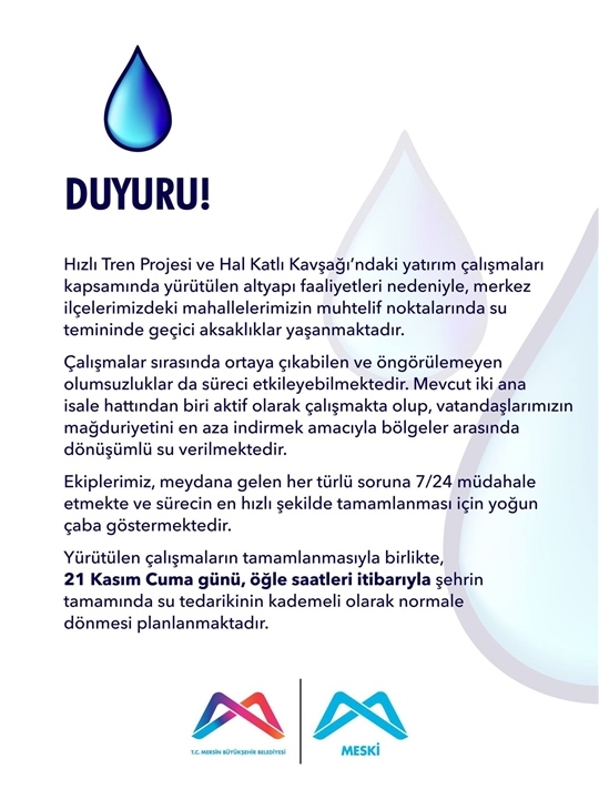 MESKİ'den Son Dakika: ''Cuma Günü Öğlen Mersin'in Su Akışı Normale Dönecek!''