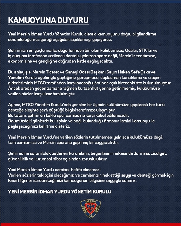 Mersin İdman Yurdu’ndan MTSO’ya Sert Tepki: ''verilen Sözler Tutulmadı, Camiamız Hafife Alınıyor''