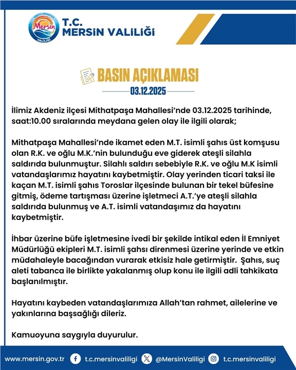 Mersin Valiliği Komşu Katliamını Doğruladı: Remziye Kaya İle Oğlu Mazlum Evinde, Büfeci Ahmet Turgut İş Yerinde Öldürüldü!