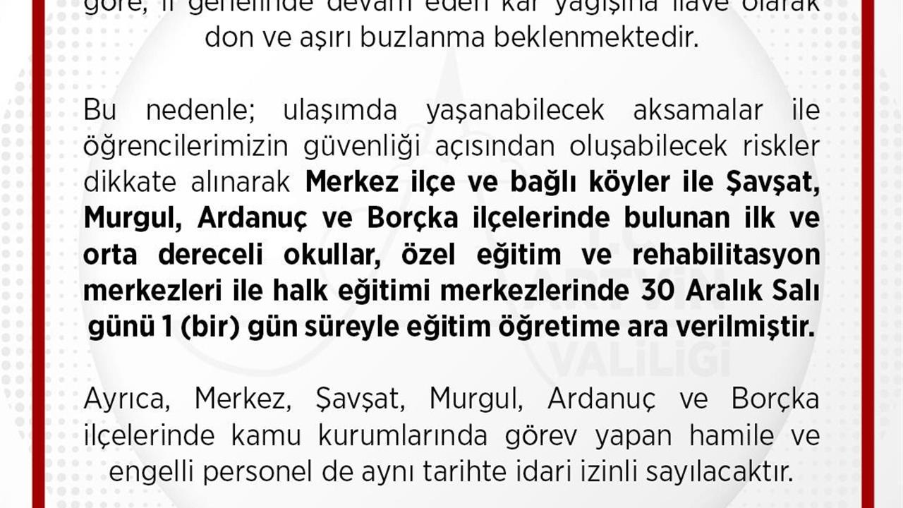 Artvin Merkez ve 4 İlçede Kar Nedeniyle Eğitime Ara Verildi