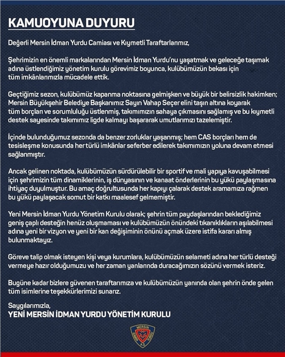 Şok! Yeni Mersin İdman Yurdu Yönetimi Toplu İstifa Etti: Maddi Destek Sağlanamayınca Yönetim Görevden Çekildi