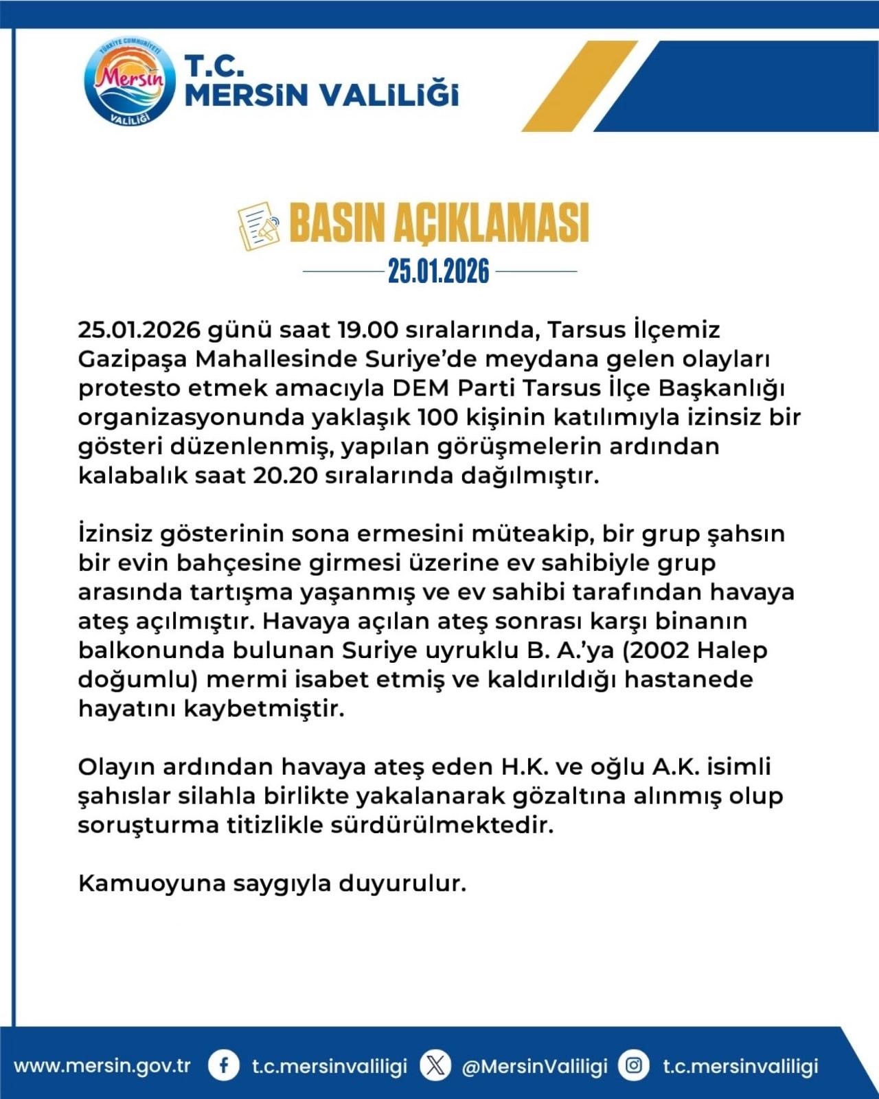 Tarsus'ta Protesto Sonrası Havaya Ateş Edilen Kurşun Genç Bir Suriyeliyi Öldürdü: Şüpheliler Gözaltında