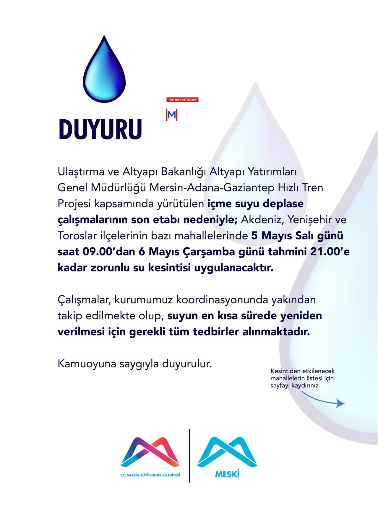 Mersin Akdeniz Yenişehir ve Toroslar İlçelerinde Hızlı Tren Çalışması Nedeniyle Su Kesintisi Yapılacak