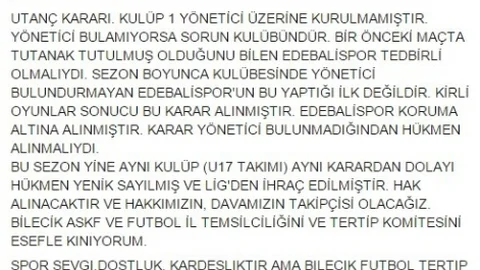 Bilecik Edebali Spor Maçının Tekrarı Kararlaştırıldı