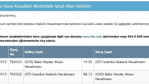 Lodos sebebiyle THY'nin Azerbaycan seferleri de iptal edildi