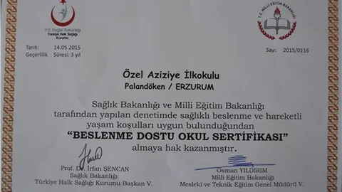 Özel Aziziye Okulları'na 'Beslenme Dostu Okul' sertifikası