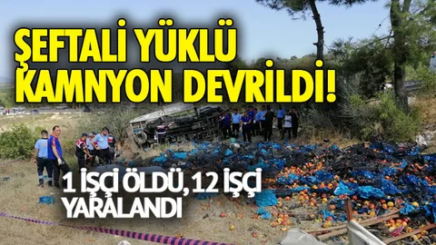 Feci Kaza! Üzerinde İşçilerinde Bulunduğu Şeftali Yüklü Kamyon Devrildi