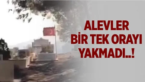 Yangında Şehidin Mezarı ve Türk Bayrağı Dikkat Çekti