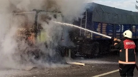 Tem Otoyolunda Küspe Yüklü Tırda Yangın Çıktı