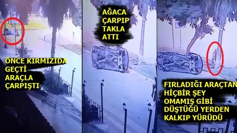 Kırmızıda Geçerek Çarptığı Aracın Ardından Ağaca Çarpıp Takla Atan Araç Güvenlik Kamerasına Yansıdı