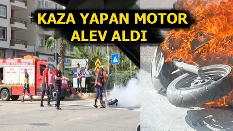 Kaza Yapan Motosiklet Alev Aldı