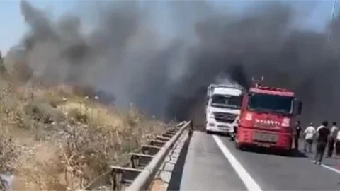 Otoyolda Kamyonda Çıkan Yangın Ağaçlık Alana Sıçradı