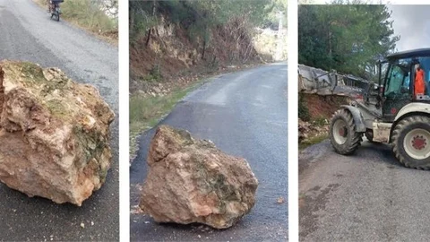 YOLA DÜŞEN KAYALAR BÜYÜKŞEHİR EKİPLERİNCE KALDIRILDI