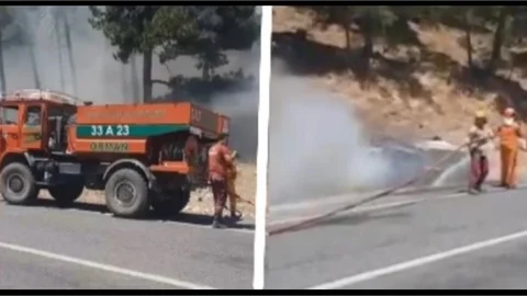 YANAN ARACA ORMANCILAR MÜDAHALE ETTİ