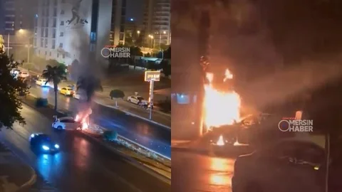 Mersin'de Ağaca Çarpan Otomobil Alev Aldı