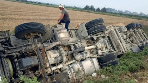 Tarsus Alifakı Yolunda Mısır Balyası Yüklü TIR Devrildi