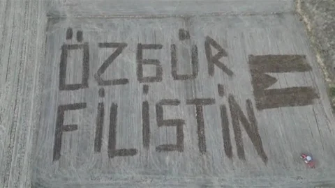 Çanakkale'de çiftçiler tarlalarına "Özgür Filistin" yazdı