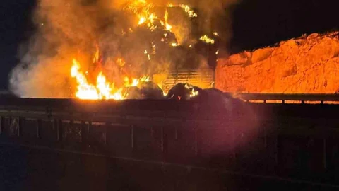 Şanlıurfa'da saman yüklü bir tır alev aldı.