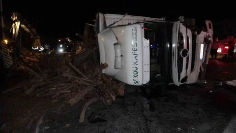 Manavgat'ta devrilen odun yüklü kamyon trafiği felç etti
