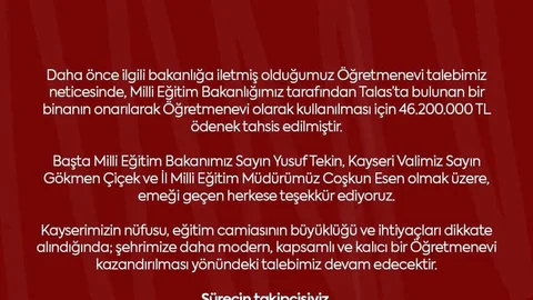 Kayseri'ye Öğretmenevi Müjdesi Geldi