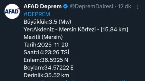 Mersin'de 3.5 Büyüklüğünde Deprem Meydana Geldi, Can ve Mal Kaybı Yok